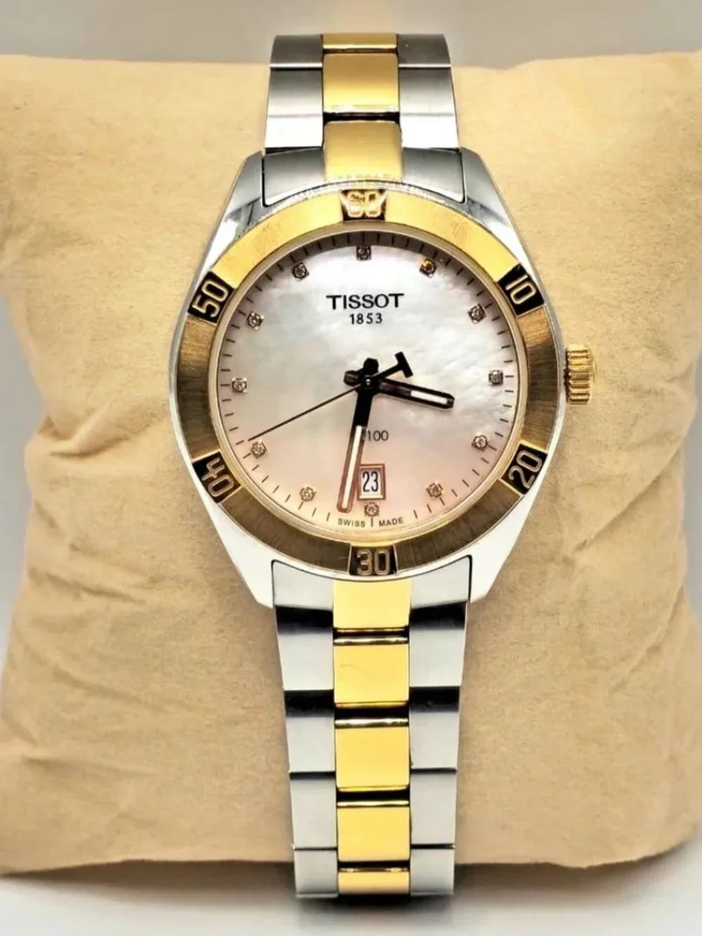 Tissot PR100 Diamond 36mm Two Tone MOP Dial Womens Watch Swiss Quartz